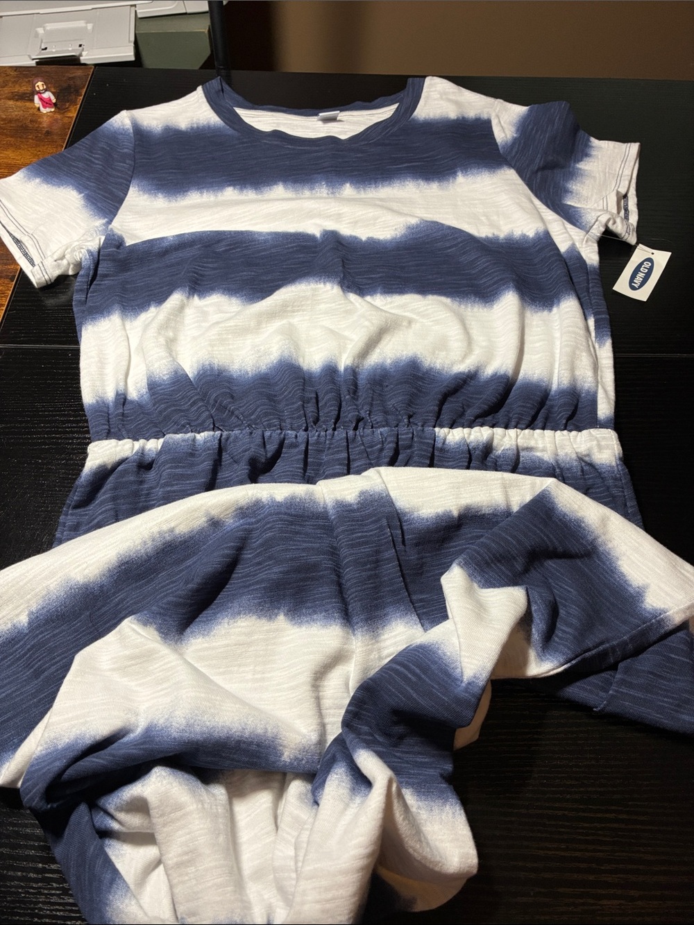 Old Navy Navy and White Short Sleeve Tie-Dye Stripe Dress Tee
